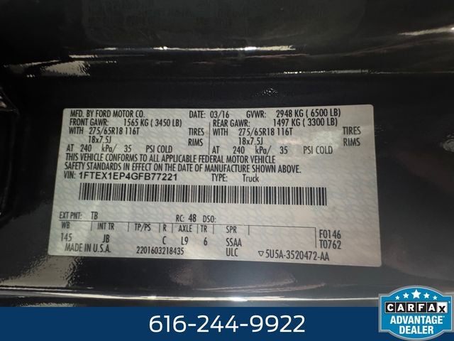 2016 Ford F-150 XLT 2.7 Liter V6 EcoBoost Super Cab 4WD