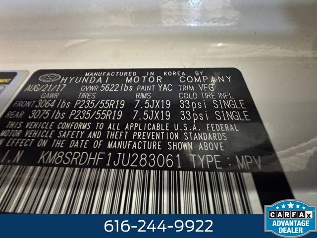 2018 Hyundai Santa Fe Limited Ultimate 3.3 Liter V6 AWD